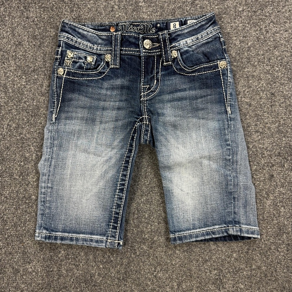Miss Me Shorts Girls 8 Blue Denim Jean Bermuda Embroidered Cross Pocket Stretch - Picture 5 of 11